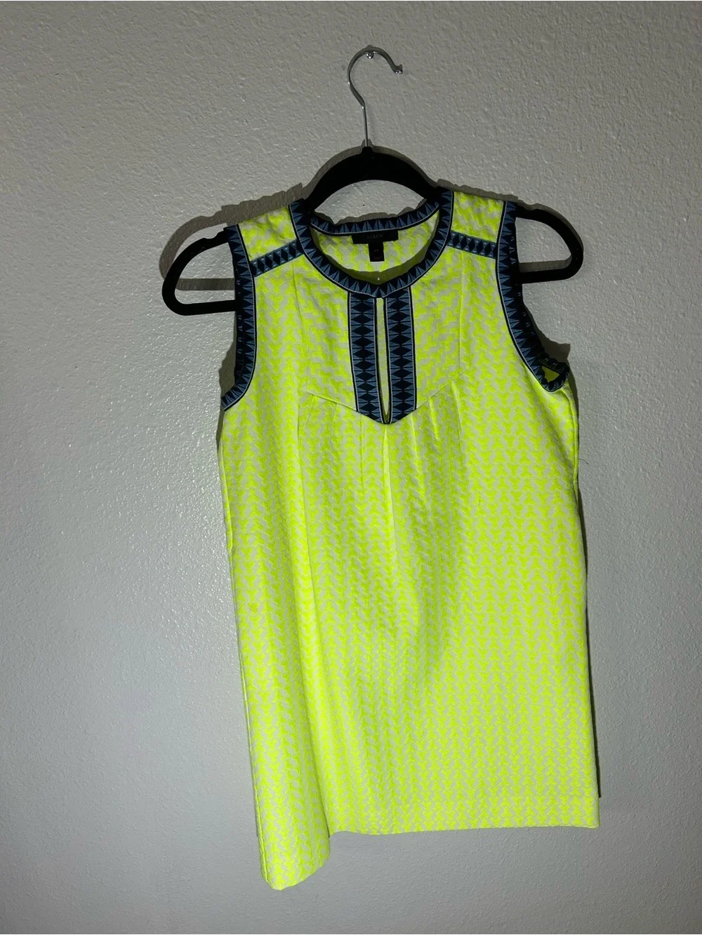 J. Crew Neon Yellow Shift Dress with Navy & Light Blue Trim